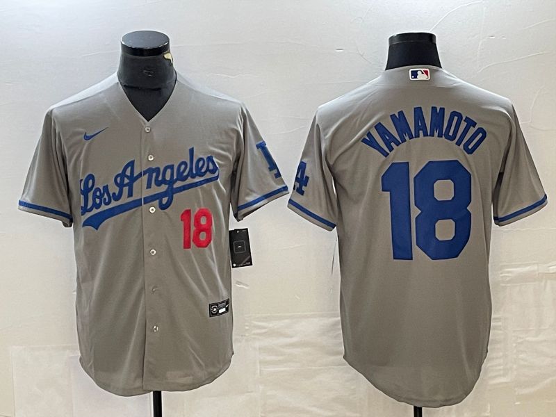 Men Los Angeles Dodgers #18 Yamamoto Grey Nike Game MLB Jersey style 2